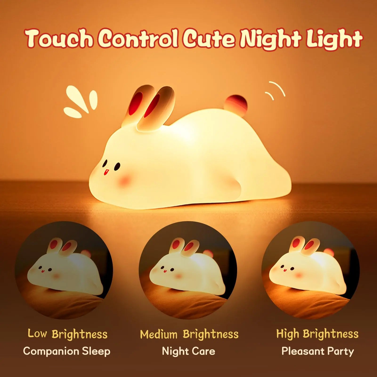 Cute LED Night Light Touch Sensor Cartoon Kid's Nightlights Big Face Rabbit Silicone Night Light Christmas Gift Bedside Lamp Home Decor Trendify Hubs